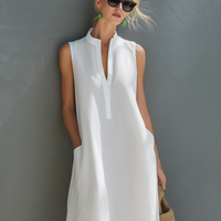 Women's Minimalist White Cotton-Linen Sleeveless Loose Midi Dress MDZ0894E5LXY