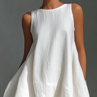 Women's White Linen Fabric Sleeveless Midi Dress With Round Neck & Asymmetric Hem MDZ0987B9T