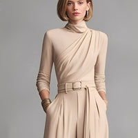 Women's Neutral-colored Cotton Blend Knit Jumpsuit With Gathered Waist MDA1516L0I