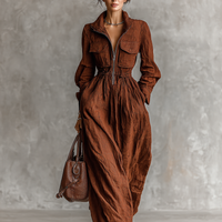 Women's Cotton And Linen Zipper Lapel Elastic Waist Maxi Dress MDA1964H8Y