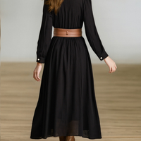 Women's Imitation Cotton And Linen Pleated Lapel Single-breasted Long-sleeved Maxi Dress MDA1768I7Y