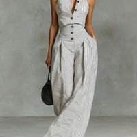 Women's Minimalist Striped Linen Sleeveless Single-Breasted Jumpsuit MDZ1950C7Y
