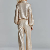 Women's Gold Glamorous Sequin Collared Half - Zip Wide - Leg Loungewear Party Set MDA2425I0I