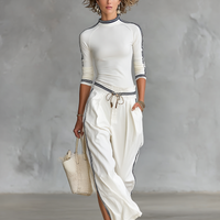 Women's Sports Half-high-neck Long-sleeved T-shirt Drawstring Wide-leg Pants Two-piece Set MDA2569G9Y