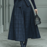 Women’s Navy Plaid High-Waisted Belted Pleated A-Line Midi Skirt MDA2668K7T