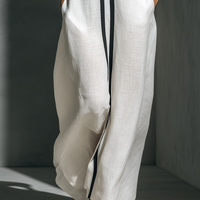 Women's White Linen Fabric Sleeveless Maxi Dress With Black Contrast Trim MDZ1973A8T