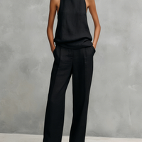 Women's Elegant Black Cotton And Linen Round-neck Sleeveless Top And Trousers Set MDZ1441A4AN