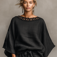 Women's Minimalist Linen Blend Lace Boat Neck Blouse And Shorts Set MDZ1635A9Y
