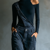 Women’s Blue-black Ribbed Knit Cold Shoulder Turtleneck Fitted Long Sleeve Top MDA3016K6T
