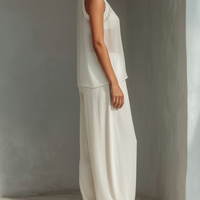 Women's Cream Two-Piece Set With Semi-sheer Chiffon Sleeveless Top & Cotton And Linen Blend Drawstring Wide-Leg Trousers MDZ1039C4T