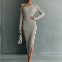 Women's Gray One-shoulder Knitted Dress MDA0233I9T