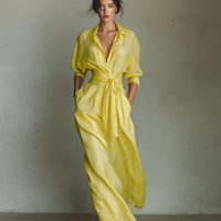 Women's Lemon Yellow Cotton And Linen Blend Maxi Shirt Dress With Tie Waist & Half Sleeves MDZ2884A4T