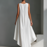 Women's White Linen Fabric Sleeveless Midi Dress With Round Neck & Asymmetric Hem MDZ0987B9T