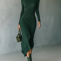 Women's Dark Green High-elastic Knitted High-neck Wrap Dress Midi Dress MDA2023J2T