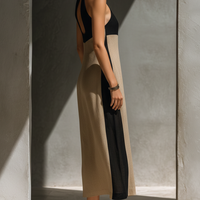 Women's Black And Beige Cotton Blend Halter Neck Midi Dress With Keyhole Cutout & Color Block Design MDZ1027C7T
