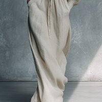Women's Beige Cotton Linen Striped V-Neck Shirred Waist Maxi Dress MDZ0361C4BA