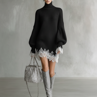 Women's Grey Knitted White Lace Turtleneck Comfortable Mini Dress MDA1157J5T