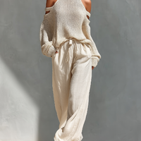 Women's Beige Knit Fabric Cold-Shoulder Turtleneck Top & Wide-Leg Pants Set MDZ0984A5T