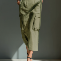 Women's Olive Green Linen Fabric Sleeveless Midi Dress With Cargo Pockets & Belted Waist MDZ2753A1T