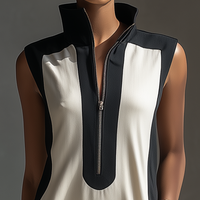 Women's Black & White Color-Block Mini Dress With Stand Collar & Half-Zip Detail MDZ1152B0T