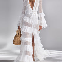 Women's Crisp White Crochet Knit Cardigan With Deep V-Neck & Layered Ruffles, Timeless Bohemian-Glam Style Cardigan MDA2372L3I