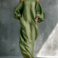 Women's Light Green Cold-Shoulder Maxi Dress With Oversized Puff Sleeves & Side Pockets MDZ1004B7T