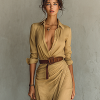 Ladies Lapel Single Breasted Long Sleeve Belted Maxi Dress MDA1500G4Y
