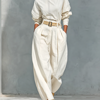 Women's Fashion Cotton And Linen Blend Crew Neck Long Sleeve Shirt Loose Trousers Set (belt Not Included)MDA2555G6Y