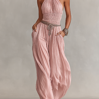 Women's Blush Pleated Jumpsuit With Halter Neck & Ruched Waist, Timeless Romantic-Elegant Style Jumpsuit (without Belt) MDZ1133B7I