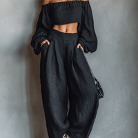 Women's Minimalist Linen Blend Strapless Long-sleeved Blouse And Wide-leg Pants Set MDA1900L7Y