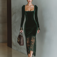 Women's Burgundy Velvet Lace Fitted Maxi Dress MDA1190J4T