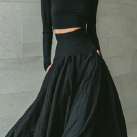 Women's Fashionable And Elegant Black Fitted Turtleneck Long-sleeved Cropped Top Paired With A Black Long Skirt MDA2692K3AN