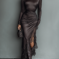Women's Dark Brown Satin Irregular Hem Lace Slim Maxi Dress MDA0501H1T