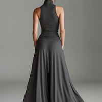 Women's Charcoal Gray Stretch Knit Dress With Turtleneck Halter & Cutout Waist, Timeless Minimalist Elegant Style Dress MDZ0960B2I