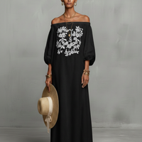 Women's Minimalist Off-the-shoulder Three-quarter Sleeve Embroidered Maxi Dress MDZ3063A3Y