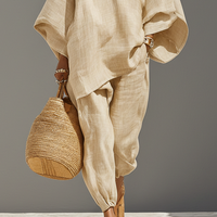 Women's Neutral Linen Set With Asymmetric Hem & Minimalist Design, Sophisticated Daily-Casual Style Set MDZ0501B3I