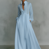Women's Minimalist Cotton And Linen Patchwork Single-breasted Stand-up Collar Long-sleeved Maxi Dress MDA0658K6Y