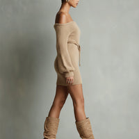 Women's Camel Elegant Fuzzy Knit Off - The - Shoulder Belted Mini Dress MDA0419I2I