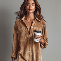 Women's Loose Corduroy Double Chest Pocket Single Breasted Midi Dress MDA0295I8Y