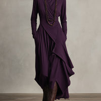 Women's Purple Bohemian Cotton Stretch Turtleneck Asymmetrical Draped Maxi Dress MDA2055J9I