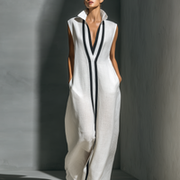 Women's White Linen Fabric Sleeveless Maxi Dress With Black Contrast Trim MDZ1973A8T