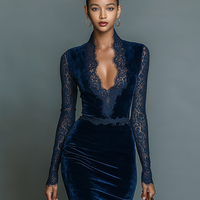 Women's Fashionable And Elegant Dark Blue Velvet Slim-fit V-neck Midi Dress With Lace Trim At The Neckline And Sleeves MDA2937K1AN