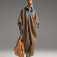 Women's Brown Double-Sided Brushing and Blue Denim Stand Collar Loose-Fitting Long Dress MDA0366K1T