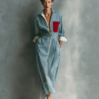 Women's Blue And White Cotton Blend Striped Shirt Dress With Red Chest Pocket MDZ1286C2T
