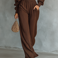 Women's Coffee-colored Short Top And Wide-leg Pants Knitted Set MDA3000G6T