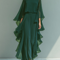 Women's Navy Blue Chiffon Top With Flared Sleeves And Straight-leg Trousers Set With Ruffled Details MDZ2218A5T