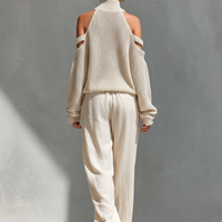 Women's Beige Knit Fabric Cold-Shoulder Turtleneck Top & Wide-Leg Pants Set MDZ0984A5T