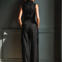 Women's Black Cotton And Linen Blend Sleeveless Collared Jumpsuit With Cargo Pockets MDZ0908A3T