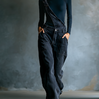 Women's Black Cotton One-shoulder Turtleneck Top And Blue-grey Denim Loose-fitting Overalls Set MDA2045K8T
