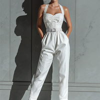 Women's Ivory Cotton And Linen Blend Wide-Leg Jumpsuit With Cinched Waist MDZ0674B7T